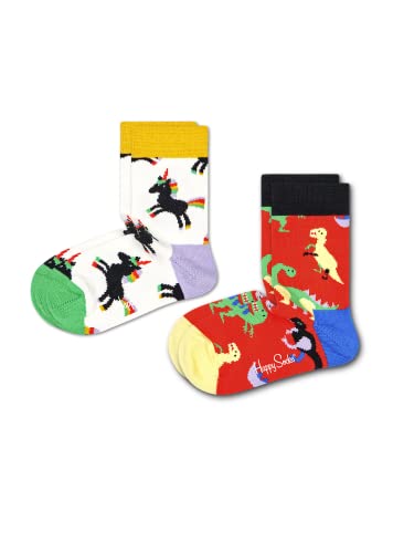 Happy Socks 2-Pack Kids Dinosaur Sock, Skarpety dla dzieci, Czerwony-Żółty-Zielony-Czarny-Niebieski (0-12M)