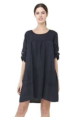 Sukienka damska 100% lniana Made in Italy, Krótka sukienka z okrągłym dekoltem z zapinanymi na długie kieszenie i rękawy, granatowa, rozmiar: XL, granatowy, XL