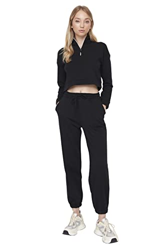 TRENDYOL Damskie spodnie treningowe Loungewear, wysoki ściągacz, elastyczne zakończenia nogawek, luźny krój, spodnie treningowe, czarny, S