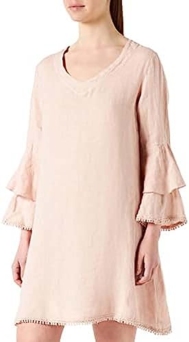 Bonateks, Krótka sukienka z dekoltem w serek i pofałdowanymi podwójnymi rękawami, 100% len, rozmiar DE:42 rozmiar US: XL, satyna - wyprodukowano we Włoszech, Rosa, 42