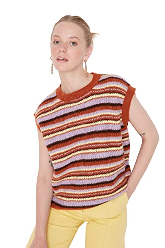 TRENDYOL Damska kamizelka z okrągłym dekoltem, jednokolorowa, regularna, z dzianiny, brązowa, L, brązowy, L