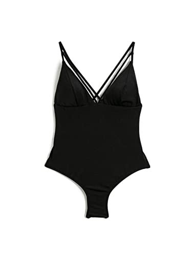 Koton Damski kostium kąpielowy z dekoltem w serek, spaghetti, paski, z podszewką, detal, jednoczęściowy, czarny (999), 44