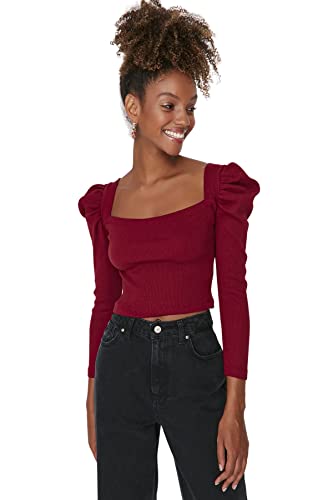 Trendyol Damska bluzka z dzianiny oversize z kwadratowym kołnierzem, Burgund, XS