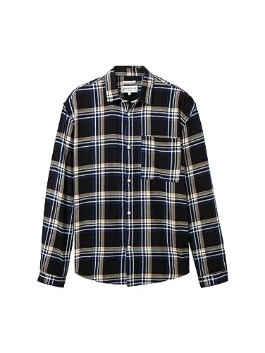 TOM TAILOR Denim Męska koszula w kratę z bawełny z kieszenią na piersi, 32332-Black Blue Check, XL
