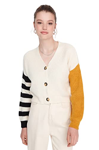 Trendyol Damski standardowy standardowy kardigan z dzianiny z dekoltem w serek, Ecru, L