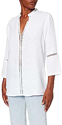 Bonateks, Tunezyjska tunika z kołnierzem z koronką i rękawami 3/4, 100% len, rozmiar DE:40, rozmiar US:L, topy, biała - wyprodukowano we Włoszech, biały, 40