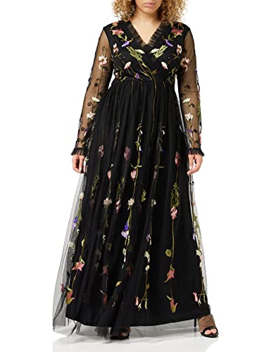 Frock and Frill Damska kwiecista haftowana sukienka na specjalne okazje, czarna, 14, Czarny, 40