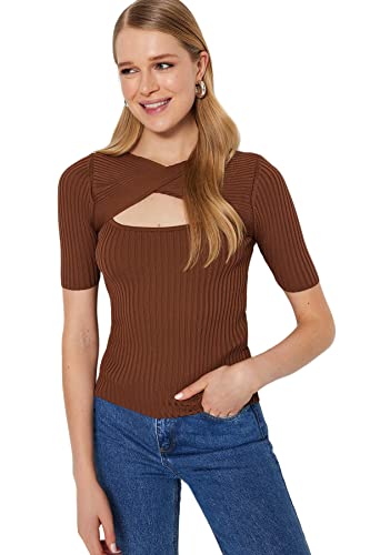 Trendyol Damski sweter dzianinowy z dekoltem w serek, brązowy, S, Brązowy, S