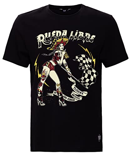 King Kerosin Męski T-shirt z nadrukiem Rueda Libre okrągły dekolt z krótkim rękawem Regular Fit Rueda Libre, czarny, S