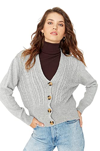 Trendyol Damski sweter z dekoltem w serek, zwykły, szary, S, Szary, S