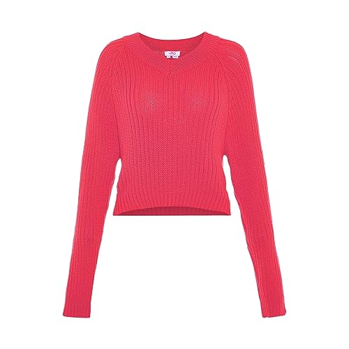 myMo Damski sweter z dzianiny prążkowanej z dekoltem w serek, poliester, różowy, rozmiar M/L, Rosa, M