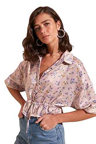 Trendyol Women's proszek kwiatowy wzór satyna button bluzka do zbiorów, bluza, pudrowy róż, 38