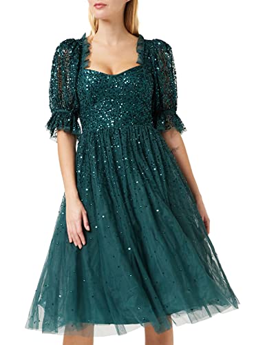 Maya Deluxe Damska sukienka damska Midi Sequin Embellished Frilly Sweetheart Neckline Puffed Sleeves for Wedding Guest Prom Evening sukienka, szmaragdowy (Emerald Green), 56