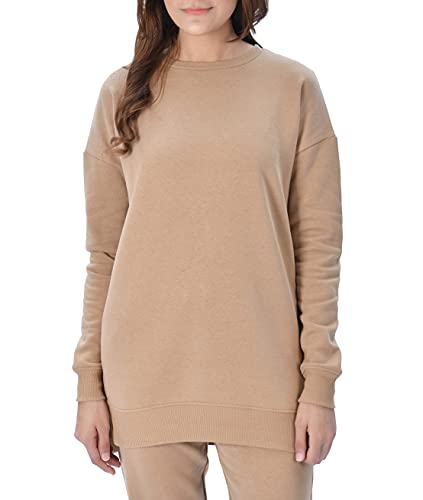 M17 Damski damski z recyklingu klasyczny sweter z okrągłym dekoltem bluza na co dzień sweter z długim rękawem top gładki sweter, Brązowy toffi, S