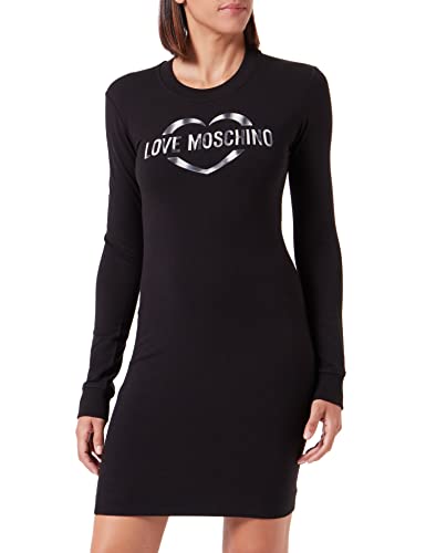 Love Moschino Damska sukienka z długim rękawem, rozciągliwa, bawełna modal, polar z nadrukiem olograficznym, czarny, 38