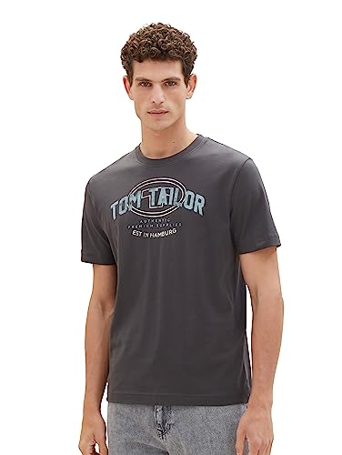 TOM TAILOR Męski T-shirt z nadrukiem logo, 10899-tarmac grey, 3XL