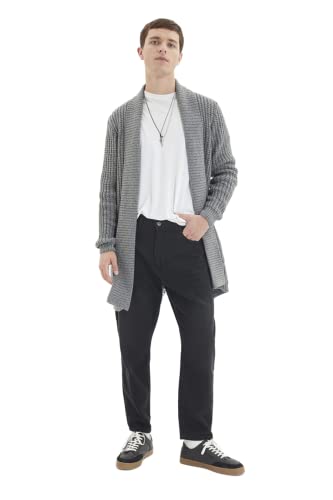 Trendyol Męski standardowy standardowy szal kołnierz dzianinowy kardigan, Szary, S