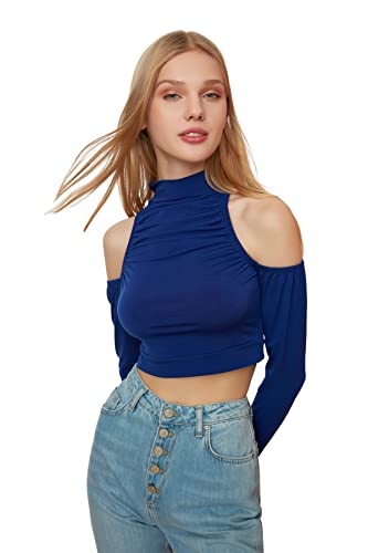 Trendyol Kobiety Młoda Slim Fit Podstawowa Bluzka Z Dzianiny Stojącej, Saksofon, M, Sax, M
