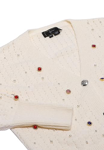 faina Damski modny kardigan z dekoltem w serek i wzorem w nity, wełniany, rozmiar XS/S, biały (wollweiss), XL