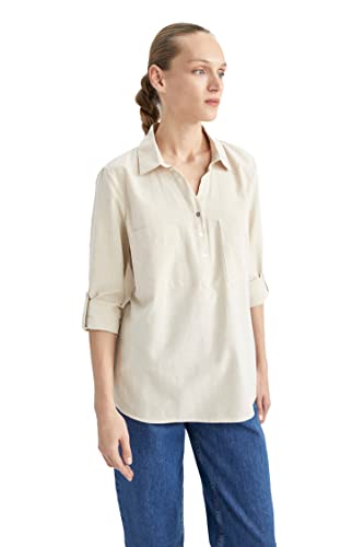 DeFacto Koszula damska z tkaniny bawełnianej z długimi rękawami, beżowy, S