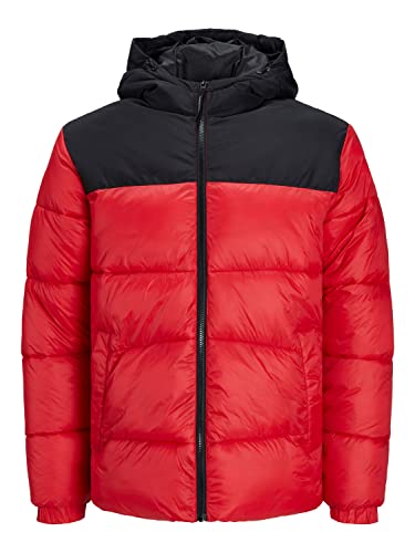 JACK & JONES Męska kurtka watowana z kapturem nylon, True Red/Detail:blocking, XXL