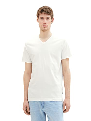 TOM TAILOR Męski T-shirt basic z dekoltem w serek, 10332 – Off White, L