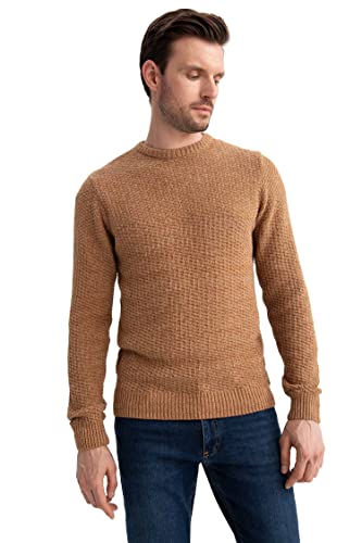 DeFacto Męski sweter z dzianiny z długim rękawem, okrągły dekolt, slim fit dla mężczyzn, topy (kamelowy, XXL), piaskowy, XXL