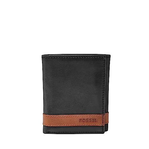 Fossil Męski skórzany potrójny portfel Quinn, Quinn- Black, Jeden rozmiar
