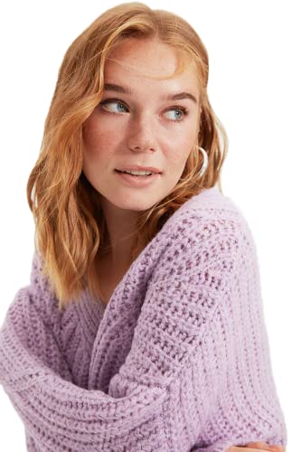 Trendyol Damski regularny kardigan z dzianiny z dekoltem w serek, lilia, M