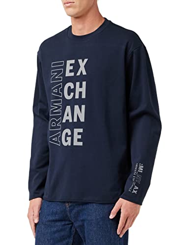 Armani Exchange Męska bluza z kapturem, nadrukowane logo, kontrastowe ściągacze, sweter granatowy, duży