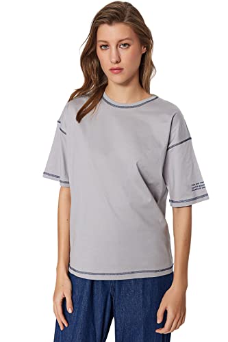 Trendyol Damska koszulka z dzianiny o luźnym kroju z okrągłym dekoltem, Szary, M