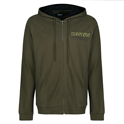 DKNY Męskie Zip Top w Khaki z Kontrastem Hood Lining, Angled Side Pockets & Branded Drazw Cord Ends Bluza męska, Khaki, M