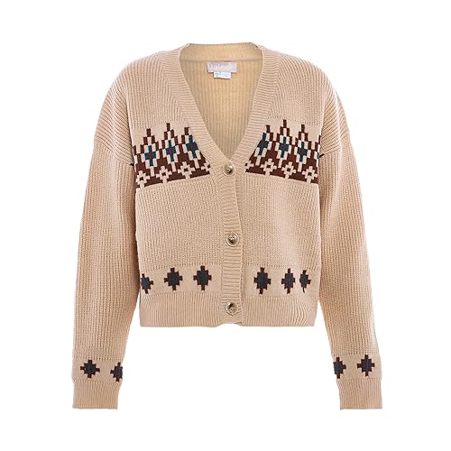 Jalene Damski diamentowy żakardowy kardigan z głębokim dekoltem w serek, wełniany, biały, wielokolorowy, rozmiar XL/XXL, Wełna biała, wielokolorowa, XL