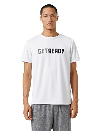 Koton Męski T-shirt sportowy z nadrukiem z okrągłym dekoltem, biały (000), XXL