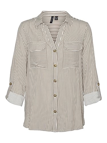 VERO MODA Vmbumpy L/S koszulka damska New WVN Noos koszulka z długim rękawem, Brązowy soczewica/paski: śnieżnobiały, M