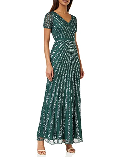 Maya Deluxe Damska sukienka maxi z cekinami, długa sukienka z krótkim rękawem, dekolt w serek, wysoka talia imperium, szlif A, błyszcząca studniówka, ślub, druhna, zieony (Szmaragdowa zieleń), 54
