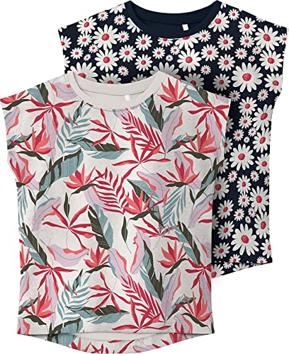 NAME IT Girl's NKFVIGGA 2P CAPSL TOP HHHH T-Shirt Set, Dark Sapphire/Pack:White Alyssum W Tropical AOP, 122/128