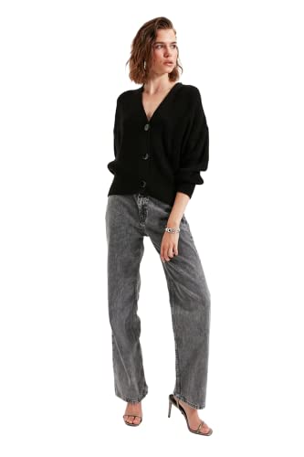 Trendyol Damski kardigan z dzianiny oversize z dekoltem w serek, Czarny, L