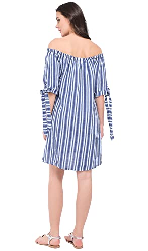 Bonateks damska sukienka 100% lniana wyprodukowana we Włoszech, puszysta sukienka z okrągłym dekoltem i kieszeniami, granatowa, rozmiar: L, granatowy, L