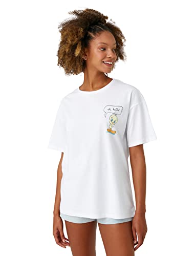 Koton Damska koszulka Tweety Licensed Crew Neck Short Sleeve Back Printed, Ecru (010), S