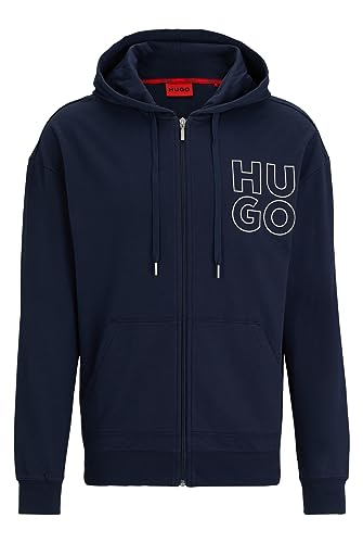 HUGO Męska kurtka Stacked Hood z kapturem z bawełny Terry z zamkiem błyskawicznym i logo o metalicznym wyglądzie, Dark Blue405, L