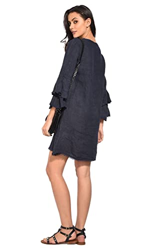 Bonateks damska sukienka 100% lniana wyprodukowana we Włoszech, puszysta trapezowa sukienka z półrękawami i kieszeniami, biała, rozmiar: L, biały, L