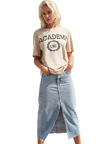 Trendyol Damska koszulka oversize z okrągłym dekoltem, BEŻOWY, S