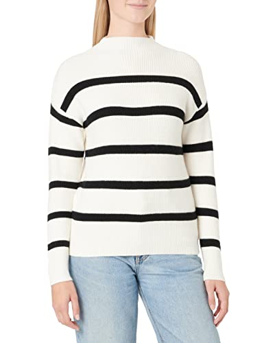 Vila Women's VIRIL Mockneck L/S Knit Rib TOP-NOOS sweter, White Alyssum/Stripes: czarny, L, Białe paski/paski: czarne, L