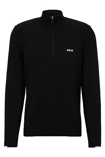 BOSS Ever-X QZ sweter męski z mieszanki bawełny z kołnierzem Troyer i nadrukiem logo, czarny (Black1), XL