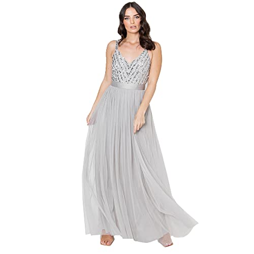 Maya Deluxe Damska sukienka maxi Maya bez rękawów w paski zdobiona sukienka maxi na studniówkę, miękka szara, 6