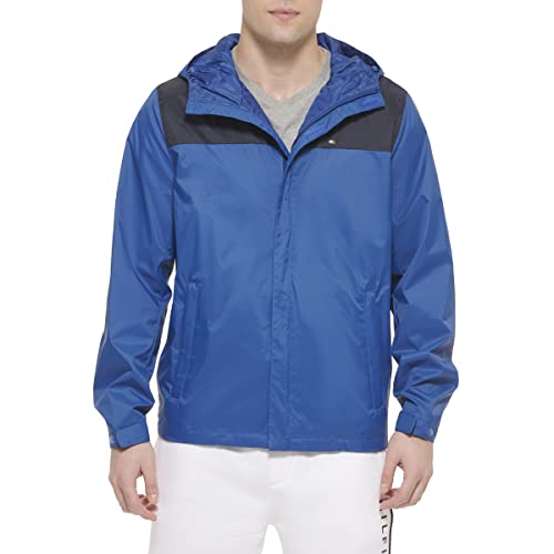 Tommy Hilfiger Męska wodoodporna oddychająca kurtka z kapturem płaszcz przeciwdeszczowy, Granatowy/Ocean Blue, XL