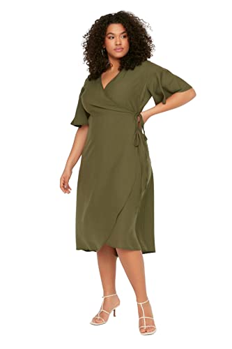 Trendyol Damska sukienka plus size midi Wrapover dwurzędowa tkana plus size khaki, Khaki, 42-Plus
