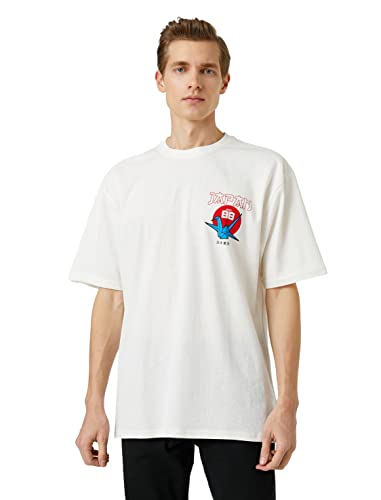 Koton Koszulka męska oversized Far East Printed Crew Neck Short Sleeve, biały (000), XXL