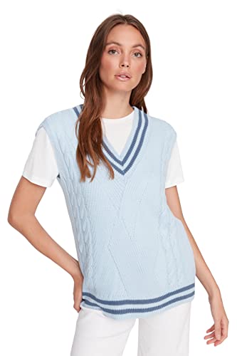 TRENDYOL Damska kamizelka z dekoltem w serek, jednokolorowa, regularna, dziergana blue, S, niebieski, S